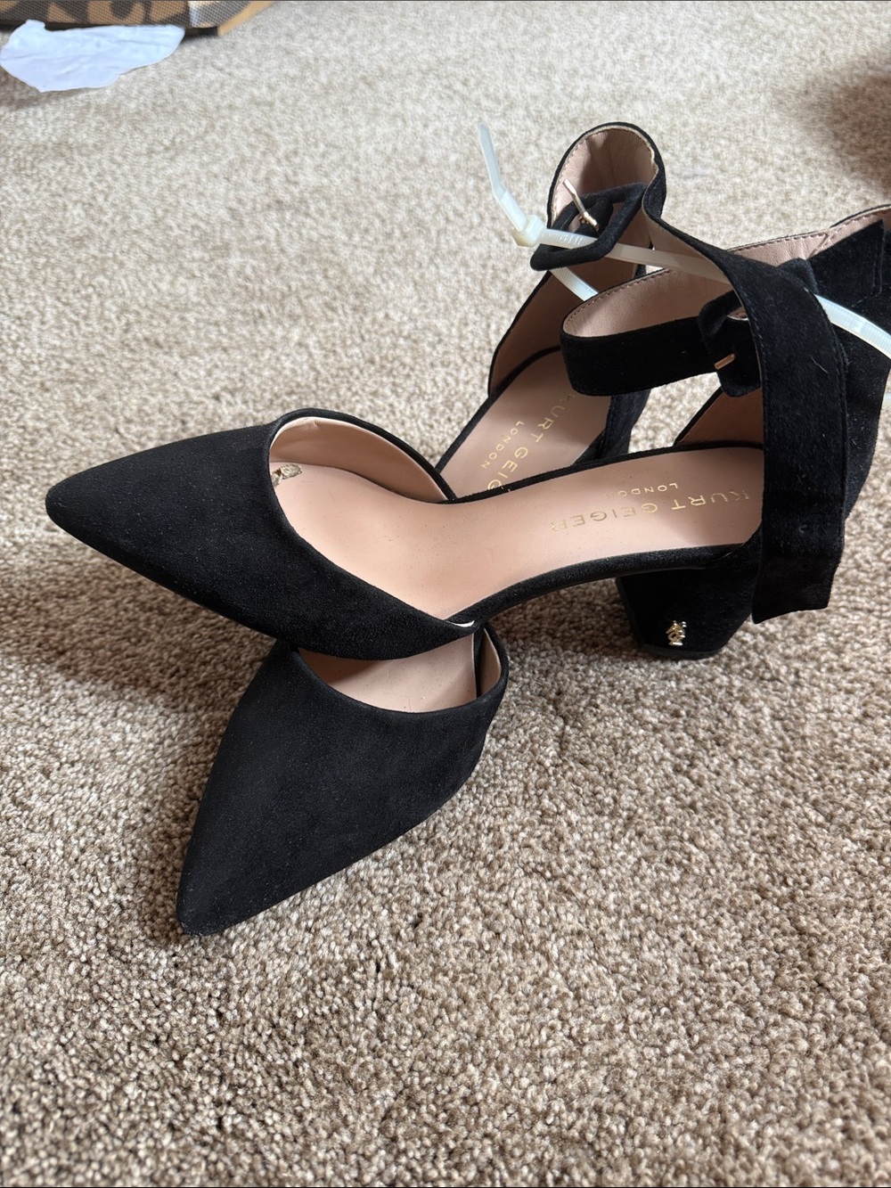Kurt Geiger Black Suede Pointed Block Heel with Ankle Wrap
